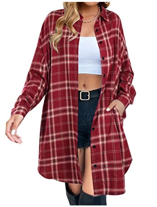 Blooming Jelly Women's Button Down Flannel Shirts Plaid Shacket Long Sleeve Collared Long Jacket Coats