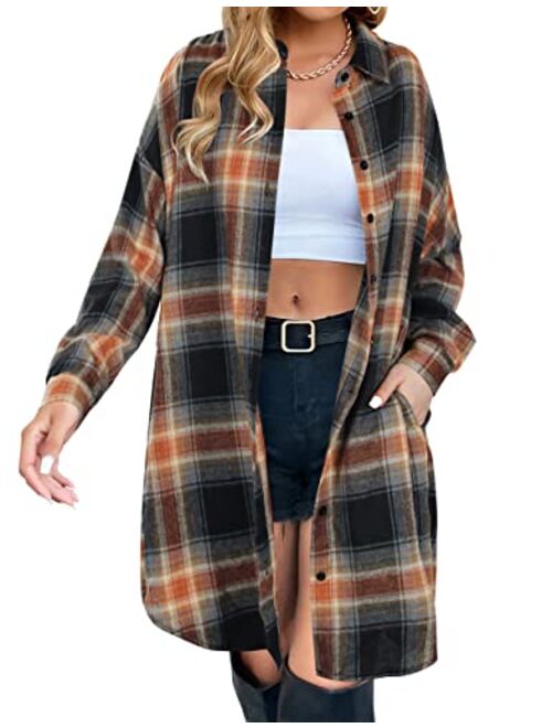 Blooming Jelly Women's Button Down Flannel Shirts Plaid Shacket Long Sleeve Collared Long Jacket Coats