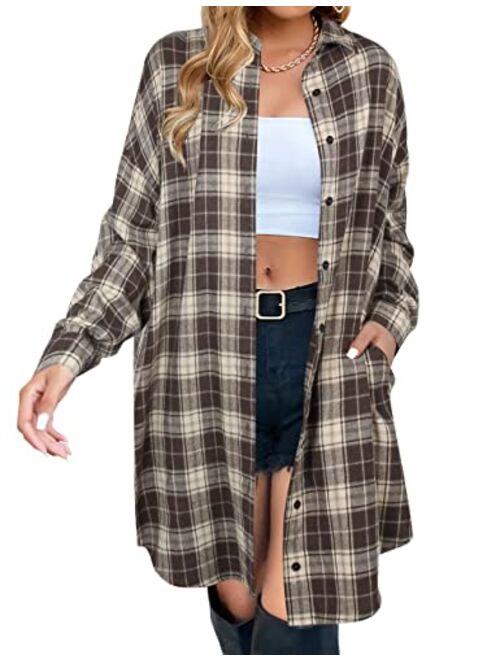 Blooming Jelly Women's Button Down Flannel Shirts Plaid Shacket Long Sleeve Collared Long Jacket Coats