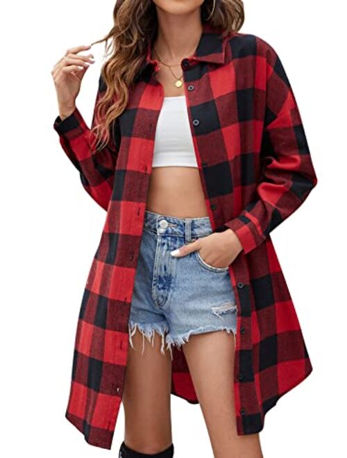 Blooming Jelly Women's Button Down Flannel Shirts Plaid Shacket Long Sleeve Collared Long Jacket Coats