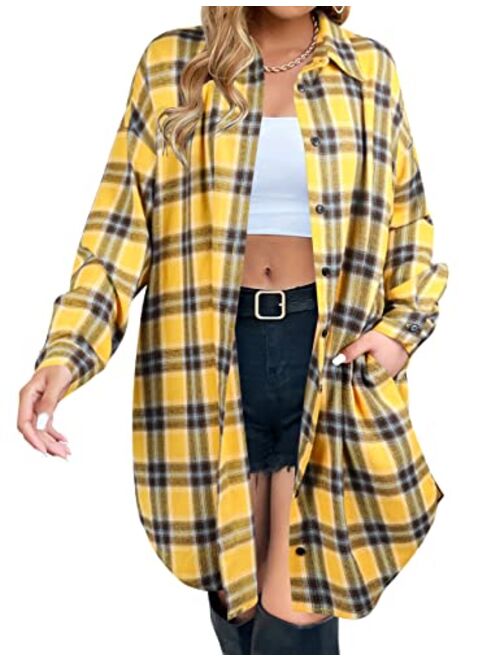 Blooming Jelly Women's Button Down Flannel Shirts Plaid Shacket Long Sleeve Collared Long Jacket Coats