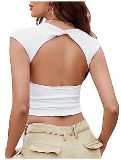 Womens Going Out Tops Sexy Backless Crop Top Drawstring Y2K Summer Shirts