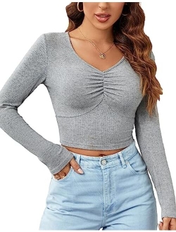 Women's Long Sleeve Sexy Crop Top V Neck Basic Shirts Tight Ribbed Knit Fitted Casual T-Shirts