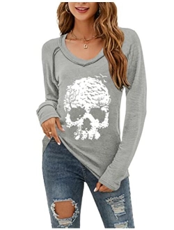 Women's Skull Shirts Skeleton Graphic Tees V Neck T Shirts Long Sleeve Blouses Casual Fall Tunic Tops