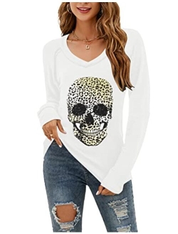 Women's Skull Shirts Skeleton Graphic Tees V Neck T Shirts Long Sleeve Blouses Casual Fall Tunic Tops