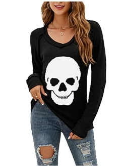 Women's Skull Shirts Skeleton Graphic Tees V Neck T Shirts Long Sleeve Blouses Casual Fall Tunic Tops