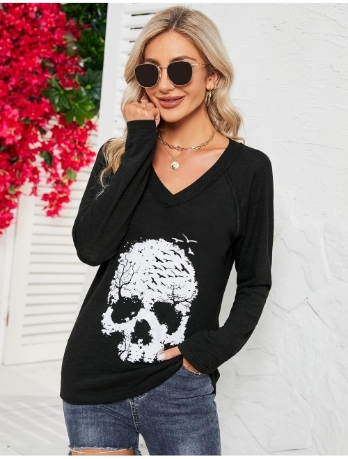 Blooming Jelly Women's Skull Shirts Skeleton Graphic Tees V Neck T Shirts Long Sleeve Blouses Casual Fall Tunic Tops