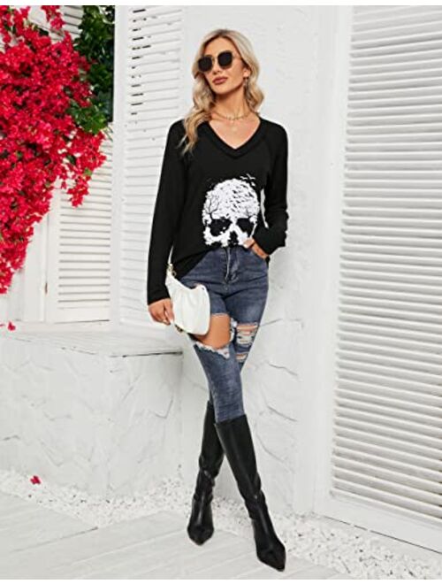 Blooming Jelly Women's Skull Shirts Skeleton Graphic Tees V Neck T Shirts Long Sleeve Blouses Casual Fall Tunic Tops