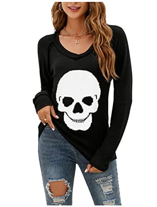 Blooming Jelly Women's Skull Shirts Skeleton Graphic Tees V Neck T Shirts Long Sleeve Blouses Casual Fall Tunic Tops