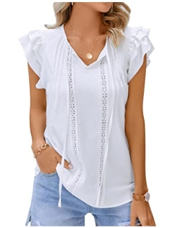 Womens Cute Tops Summer Ruffle Sleeve Work Boho Tops Summer Fashion 2023 Lace Patchwork V Neck Shirts