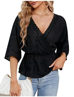 Womens Cute Tops Peplum Puff Sleeve Going Out V Neck Sexy Tops Backless Ruffle Hem V Wire Zip Blouse