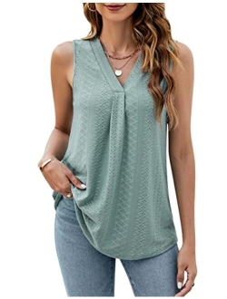 Women's Casual Tank Tops Flowy Loose Fit Tunic Tops V Neck Sleeveless Blouses Summer White Shirts