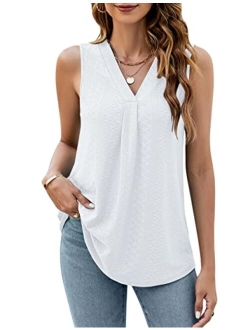 Women's Casual Tank Tops Flowy Loose Fit Tunic Tops V Neck Sleeveless Blouses Summer White Shirts