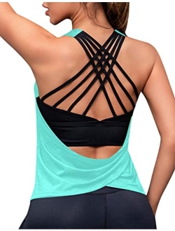 Womens Built in Bra Tank Tops Removable Padded Workout Tops Open Back Athletic Yoga Shirts