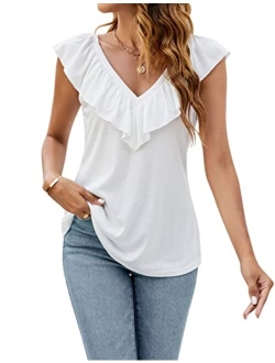 Womens V Neck Tank Tops Ruffle Sleeve Loose Fit Sleeveless Shirts Summer Dressy Casual Blouses