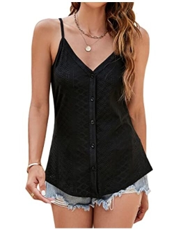 Womens Spaghetti Strap Tank Tops V Neck Loose Fit Tops Sleeveless Casual Eyelet Shirts