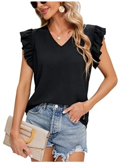 Womens Dressy Tank Tops V Neck Ruffle Cap Sleeve Ladies Summer Tops Cute Flowy Work Casual Blouse 2023