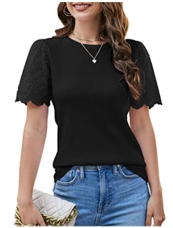 Womens Short Sleeve Blouse Business Casual Dressy Tops Ribbed Summer Stylish Work Shirts