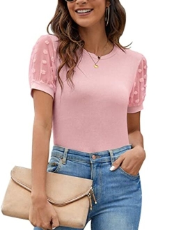Womens Short Sleeve Blouse Business Casual Dressy Tops Ribbed Summer Stylish Work Shirts