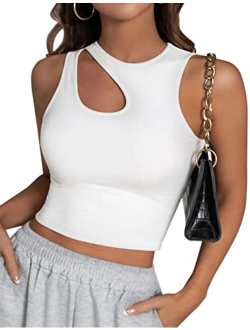 Womens Ribbed Cropped Tank Tops Sexy Casual High Neck Cut Out Y2k Sleeveless Tops Summer Clothes