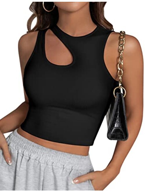 Blooming Jelly Womens Ribbed Cropped Tank Tops Sexy Casual High Neck Cut Out Y2k Sleeveless Tops Summer Clothes