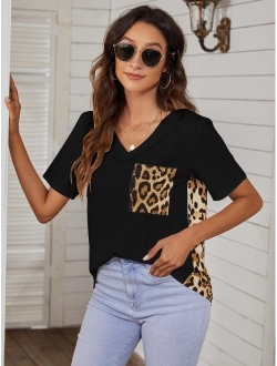 Women's Leopard Print Tops Loose V Neck Shirts Short Sleeve Blouses with Pocket