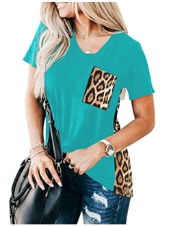 Women's Leopard Print Tops Loose V Neck Shirts Short Sleeve Blouses with Pocket