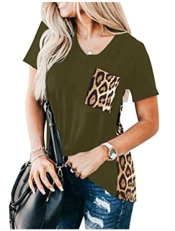 Women's Leopard Print Tops Loose V Neck Shirts Short Sleeve Blouses with Pocket