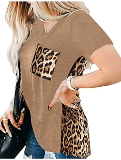 Women's Leopard Print Tops Loose V Neck Shirts Short Sleeve Blouses with Pocket