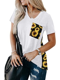 Women's Leopard Print Tops Loose V Neck Shirts Short Sleeve Blouses with Pocket