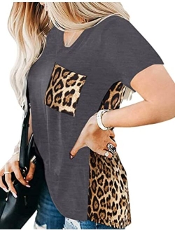 Women's Leopard Print Tops Loose V Neck Shirts Short Sleeve Blouses with Pocket