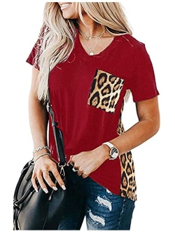 Women's Leopard Print Tops Loose V Neck Shirts Short Sleeve Blouses with Pocket