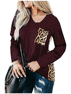 Women's Leopard Print Tops Loose V Neck Shirts Short Sleeve Blouses with Pocket