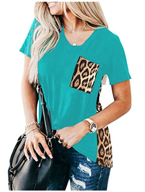 Blooming Jelly Women's Leopard Print Tops Loose V Neck Shirts Short Sleeve Blouses with Pocket