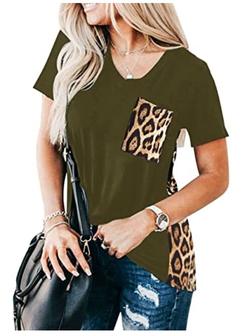 Blooming Jelly Women's Leopard Print Tops Loose V Neck Shirts Short Sleeve Blouses with Pocket