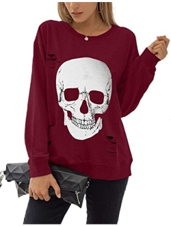 Women's Crewneck Sweatshirt Skull Graphic T Shirts Long Sleeve Top Pullover Oversized Sweaters