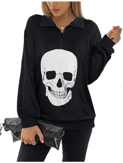 Women's Crewneck Sweatshirt Skull Graphic T Shirts Long Sleeve Top Pullover Oversized Sweaters