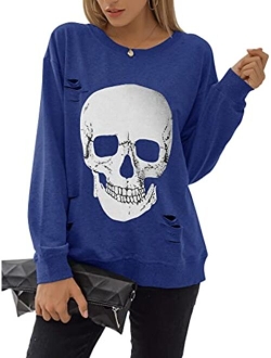 Women's Crewneck Sweatshirt Skull Graphic T Shirts Long Sleeve Top Pullover Oversized Sweaters