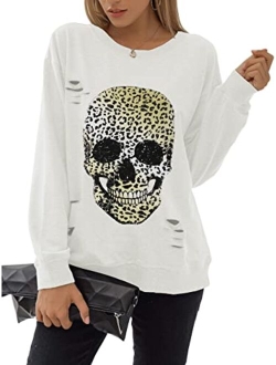 Women's Crewneck Sweatshirt Skull Graphic T Shirts Long Sleeve Top Pullover Oversized Sweaters