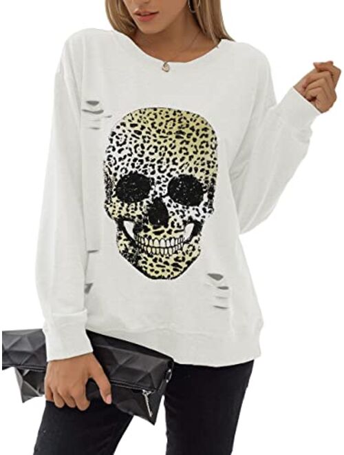 Blooming Jelly Women's Crewneck Sweatshirt Skull Graphic T Shirts Long Sleeve Top Pullover Oversized Sweaters