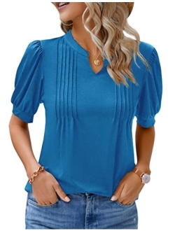 Womens Dressy Casual Tops Puff Sleeve Work Blouses Pleated V Neck T Shirts