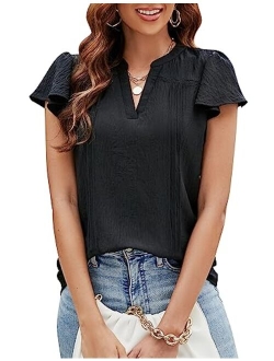 Womens Dressy Casual Tops Puff Sleeve Work Blouses Pleated V Neck T Shirts