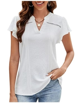 Womens Dressy Casual Tops Puff Sleeve Work Blouses Pleated V Neck T Shirts