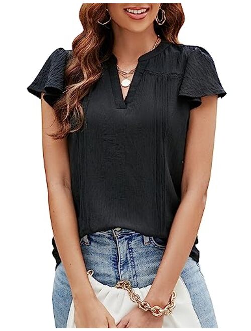 Blooming Jelly Womens Dressy Casual Tops Puff Sleeve Work Blouses Pleated V Neck T Shirts