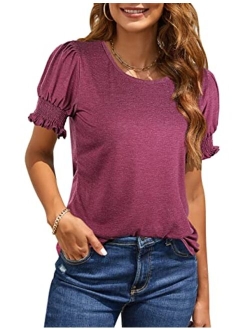 Womens Trendy Summer Casual Top Cute Puff Short Sleeve Shirts Ruffle Fashion Dressy Blouses