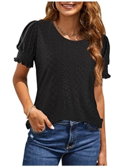 Womens Trendy Summer Casual Top Cute Puff Short Sleeve Shirts Ruffle Fashion Dressy Blouses