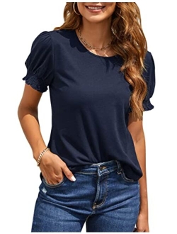 Womens Trendy Summer Casual Top Cute Puff Short Sleeve Shirts Ruffle Fashion Dressy Blouses