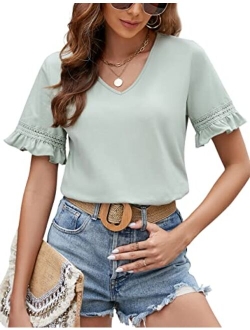 Womens Trendy Summer Casual Top Cute Puff Short Sleeve Shirts Ruffle Fashion Dressy Blouses