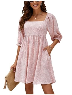 Womens Floral Babydoll Dress Square Neck 3/4 Puff Sleeve Dress Boho Mini Summer Ladies Dresses with Pockets