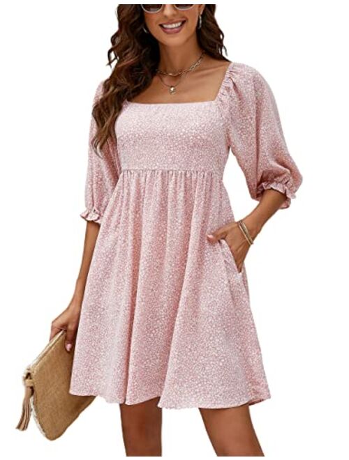 Blooming Jelly Womens Floral Babydoll Dress Square Neck 3/4 Puff Sleeve Dress Boho Mini Summer Ladies Dresses with Pockets